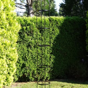 Op de afbeelding: Een hoge tuinobelisk van zwart metaal met een cilindrisch frame van verticale staven en vier gelijkmatig verdeelde cirkelvormige ringen. De structuur is afgewerkt met een puntige top en dient als ondersteuning voor klimplanten.