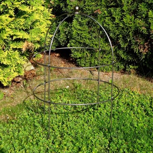 Op de afbeelding: Een zilverkleurig metalen tuinrek met een gewelfde bovenkant en cirkelvormige steunen. Het rek staat in een bed van groen gras en klaver, met een achtergrond van groen gebladerte.