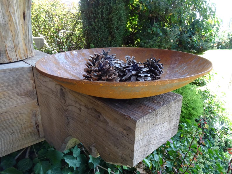 Op de afbeelding: Een roestige metalen kom met een brede rand zit op een verweerde houten balk. De kom is gevuld met dennenappels, waarvan sommige bruin en andere grijs zijn.