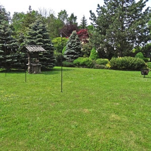 Puede incluir: Una escena de jard&iacute;n con un pozo de madera, hierba verde y varios postes de metal negro con luces de cadena tendidas entre ellos.