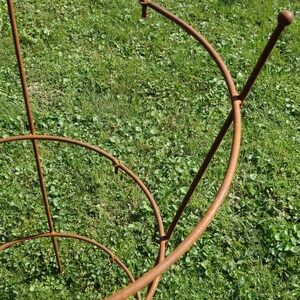 Op de afbeelding: Een roestige metalen plantenondersteuning met drie niveaus. De ondersteuning is gemaakt van ronde metalen staven en heeft een afgeronde bovenkant.