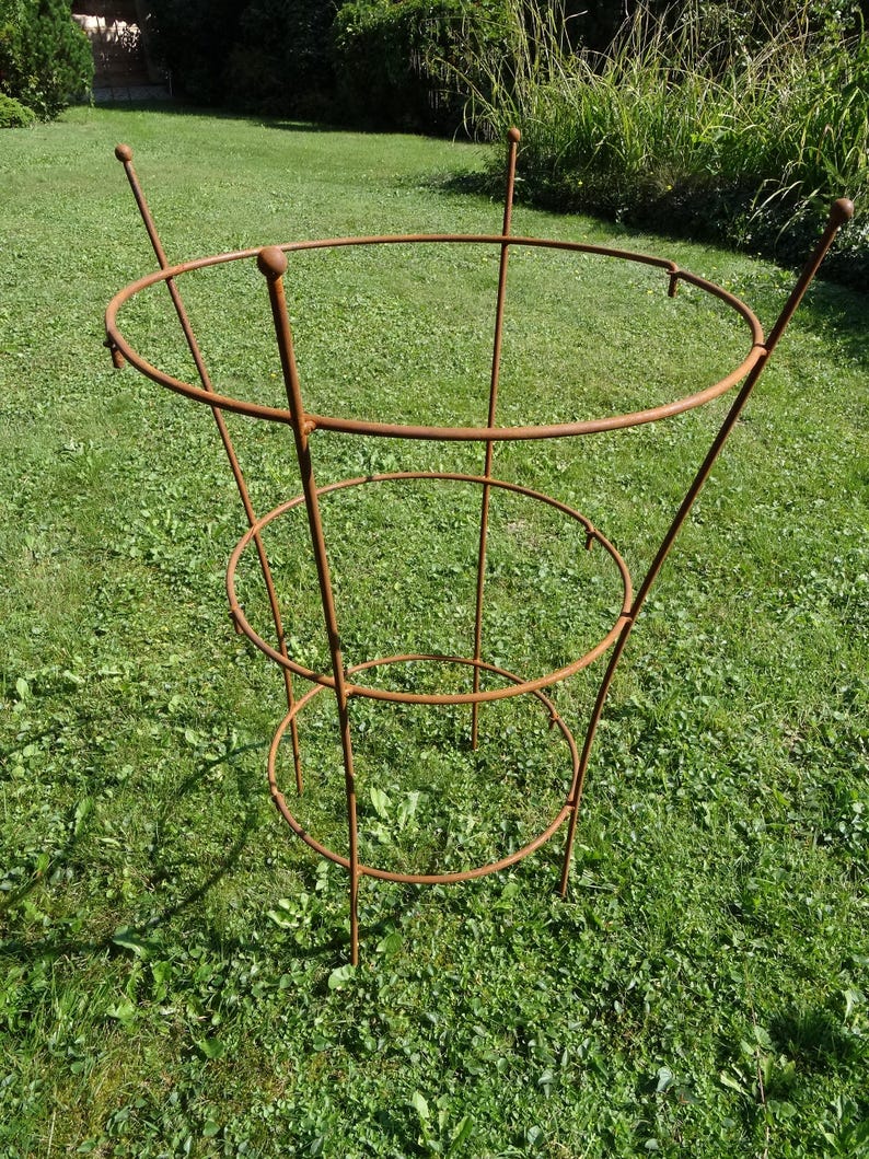Op de afbeelding: Een roestige metalen plantenondersteuning met drie ronde niveaus. De ondersteuning staat op een groen gazon.