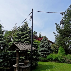 Puede incluir: Una cadena de luces cuelga entre &aacute;rboles en un jard&iacute;n. Las luces son bombillas de vidrio transparente con un cable negro y accesorios met&aacute;licos. Los &aacute;rboles son una mezcla de variedades de hoja perenne y caducifolia.