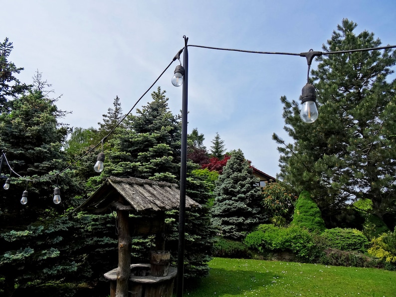 Puede incluir: Una cadena de luces cuelga entre &aacute;rboles en un jard&iacute;n. Las luces son bombillas de vidrio transparente con un cable negro y accesorios met&aacute;licos. Los &aacute;rboles son una mezcla de variedades de hoja perenne y caducifolia.