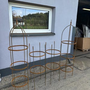 Op de afbeelding: Vier hoge, cilindrische plantensteunen voor in de tuin, gemaakt van roestig metaal. Elke structuur bestaat uit verticale staven verbonden door drie horizontale ringen, waarbij de twee grootste steunen een puntige topafwerking hebben.