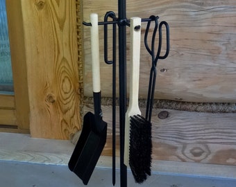 Steel Fireplace Tool Set, 4 Piece Fireplace Tools with Stand, Poker Tongs Shovel Brush, Handmade Hearth Accessories, Wood Stove Tools