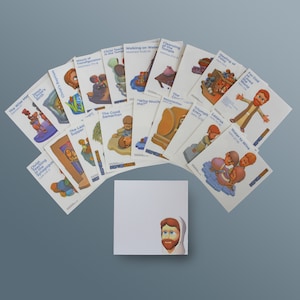 May include: A set of 15 colorful illustrated cards depicting scenes from the Bible. Each card features a different story, including Jesus' birth, the Last Supper, and the Good Samaritan. The cards are printed on white cardstock and have a glossy finish.