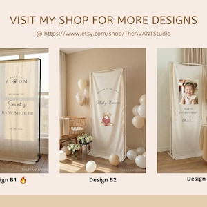May include: Three event banners with text and designs. The first banner says "Baby in Bloom" and "Sarah's Baby Shower". The second banner has a teddy bear graphic and says "Baby Emma". The third banner has a photo and says "Happy 1st Birthday Olivia".