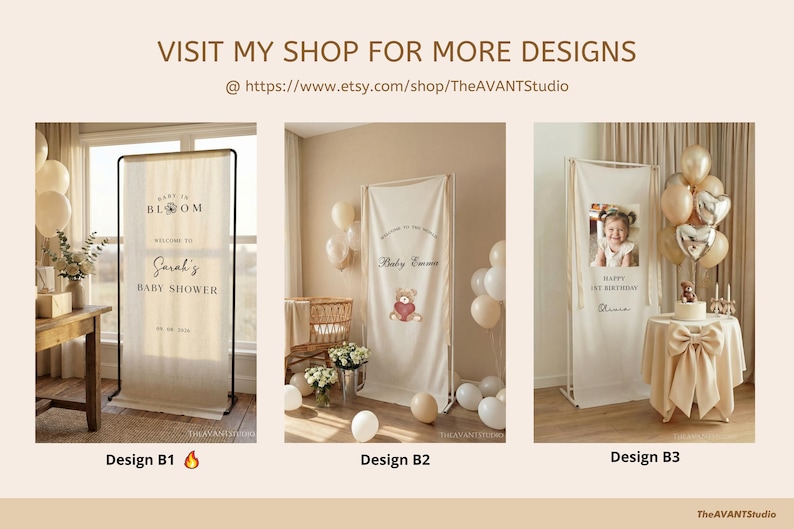 May include: Three event banners with text and designs. The first banner says "Baby in Bloom" and "Sarah's Baby Shower". The second banner has a teddy bear graphic and says "Baby Emma". The third banner has a photo and says "Happy 1st Birthday Olivia".