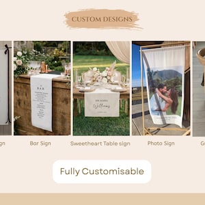 May include: A collection of custom wedding signs, including a seating plan, bar sign, sweetheart table sign, photo sign, and guest book sign. Each sign is white with black text, and the photo sign features a couple embracing. The signs are fully customizable.