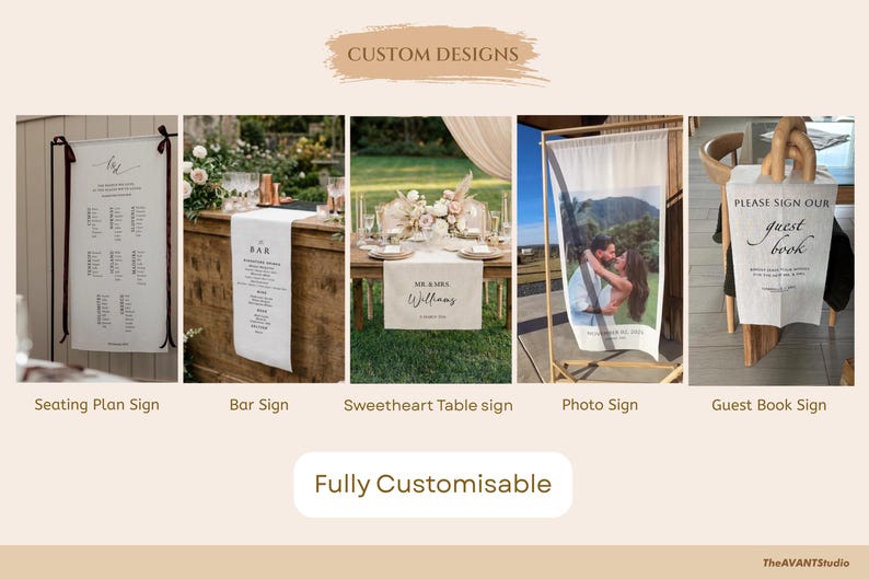 May include: A collection of custom wedding signs, including a seating plan, bar sign, sweetheart table sign, photo sign, and guest book sign. Each sign is white with black text, and the photo sign features a couple embracing. The signs are fully customizable.