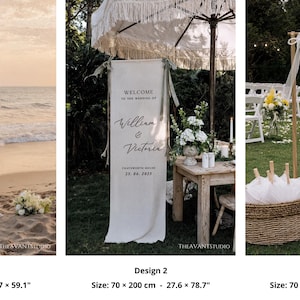 May include: Three white wedding welcome signs with text, displayed outdoors. The signs are made of fabric and supported by wooden frames. The first sign is on a beach, the second under an umbrella, and the third in a garden. Each sign is approximately 27.6 x 78.7 inches.