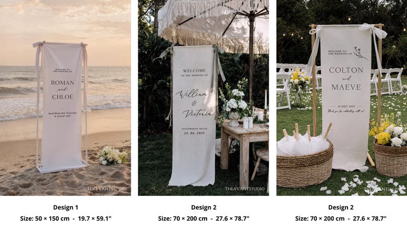 May include: Three white wedding welcome signs with text, displayed outdoors. The signs are made of fabric and supported by wooden frames. The first sign is on a beach, the second under an umbrella, and the third in a garden. Each sign is approximately 27.6 x 78.7 inches.