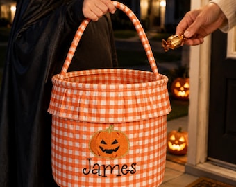 Custom Halloween Basket, Personalised Trick or Treat Basket, Embroidered Boo Gift for Kids, Sweets & Candy Bag, Spooky Season Gift