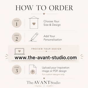 Puede incluir: Un gr&aacute;fico de instrucciones titulado HOW TO ORDER con tres pasos. El paso 1 muestra un icono de tapiz, el paso 2 un l&aacute;piz y el paso 3 un icono de carga de archivos. Incluye una secci&oacute;n PREVIEW YOUR DESIGN con la URL www.the-avant-studio.com y el logo.