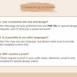 May include: A beige graphic with the text "COMMON QUESTIONS" at the top. Below, a list of questions and answers about customization, language options, and proofs for special design orders. The AVANTStudio logo is at the bottom.