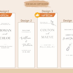 May include: Four wedding or event sign designs on a light beige background. Design 1 says "Welcome to the Wedding of Roman and Chloe" and is labeled "Popular". Design 3 says "Welcome to the Wedding of Colton and Maeve" and is labeled "Top Seller".