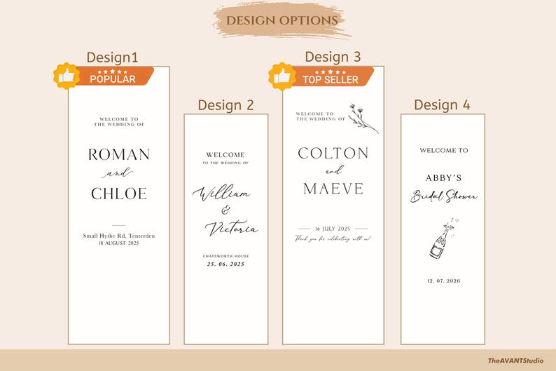 May include: Four wedding or event sign designs on a light beige background. Design 1 says "Welcome to the Wedding of Roman and Chloe" and is labeled "Popular". Design 3 says "Welcome to the Wedding of Colton and Maeve" and is labeled "Top Seller".
