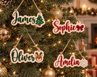 Personalised Wooden Name Sign, Christmas Tree Ornament, Custom Stocking Tag, Family Christmas Decoration, Family Keepsake Gift