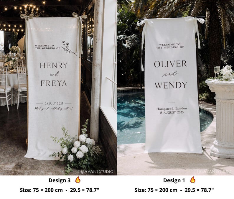 May include: Two white wedding welcome banners, each 29.5 x 78.7 inches, with text. One reads "HENRY and FREYA" and the other "OLIVER and WENDY". Both banners include wedding dates and locations. Floral accents and tied top details.