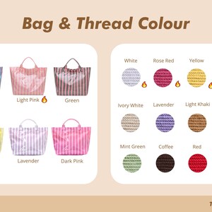 May include: Image displaying tote bag and thread colour options. Bags are shown in blue, light pink, green, yellow, lavender, and dark pink. Thread colours include white, rose red, yellow, baby blue, ivory white, lavender, light khaki, light pink, mint green, coffee, red, and black.