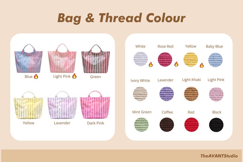 May include: Image displaying tote bag and thread colour options. Bags are shown in blue, light pink, green, yellow, lavender, and dark pink. Thread colours include white, rose red, yellow, baby blue, ivory white, lavender, light khaki, light pink, mint green, coffee, red, and black.