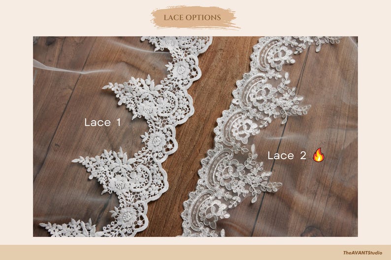 Puede incluir: Dos tiras de encaje floral blanco etiquetadas como Lace 1 y Lace 2. El encaje presenta un bordado intrincado con bordes festoneados y delicados patrones de hojas sobre una base de tul transparente. El texto LACE OPTIONS es visible arriba.