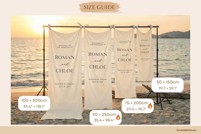 May include: Cream-colored wedding banners with the text "WELCOME TO THE WEDDING OF ROMAN and CHLOE" are displayed on a beach. Sizes are 39.4" x 118.1", 35.4" x 98.4", 29.5" x 78.7", and 19.7" x 59.1". The date "JULY 8, 2025" is also printed on the banners.