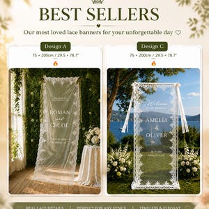 Puede incluir: Dos pancartas de boda verticales de encaje que miden 75 x 200 cm. El dise&ntilde;o A presenta un borde de encaje blanco con texto para Roman y Chloe. El dise&ntilde;o C presenta un borde de encaje blanco con texto para Amelia y Oliver. Se muestran ambos carteles.