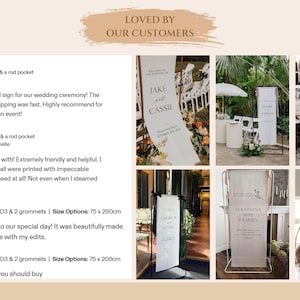 May include: A collage of wedding signage, featuring various designs and styles. The signs are white with black text, displayed on stands or hung. The image includes customer reviews and the text "LOVED BY OUR CUSTOMERS."