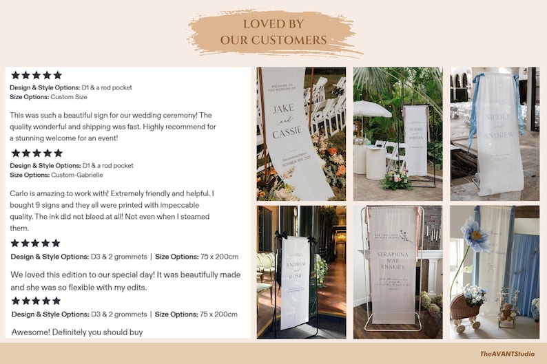 May include: A collage of wedding signage, featuring various designs and styles. The signs are white with black text, displayed on stands or hung. The image includes customer reviews and the text "LOVED BY OUR CUSTOMERS."