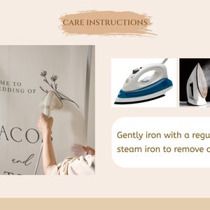 May include: Image showing care instructions for a wedding banner. The banner reads "Welcome to the wedding of Jacob and Kate". The instructions advise gentle ironing with a regular or steam iron to remove creases.