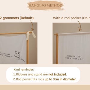 May include: White wedding banner with the text "WELCOME TO THE WEDDING OF" and a floral design. The banner can be hung with 2 grommets or a rod pocket. The banner is displayed on a wooden frame.