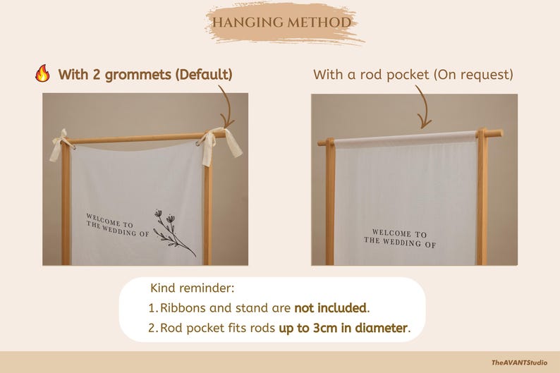 May include: White wedding banner with the text "WELCOME TO THE WEDDING OF" and a floral design. The banner can be hung with 2 grommets or a rod pocket. The banner is displayed on a wooden frame.