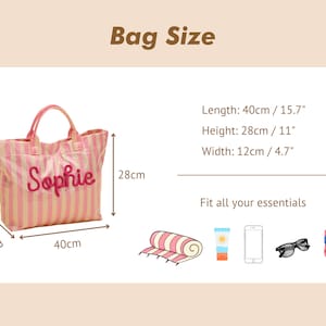 May include: Pink and white striped tote bag with the name "Sophie" embroidered on the front. The bag is 40cm long, 28cm high, and 12cm wide. The image also shows beach essentials.