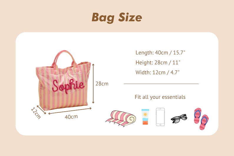 May include: Pink and white striped tote bag with the name "Sophie" embroidered on the front. The bag is 40cm long, 28cm high, and 12cm wide. The image also shows beach essentials.