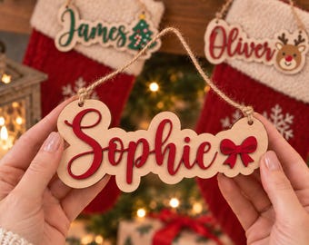 Personalised Wooden Name Sign, Christmas Tree Ornament, Custom Stocking Tag, Family Christmas Decoration, Family Keepsake Gift