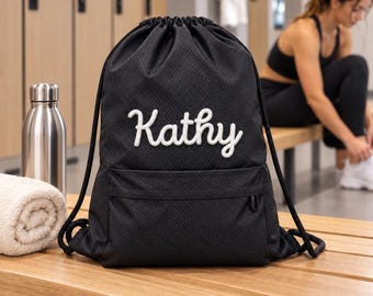 Personalised Drawstring Backpack, Gym & Sports Bag with Front Zip Pocket, Custom Waterproof Nylon Bag, Team Gifts, Christmas Gifts