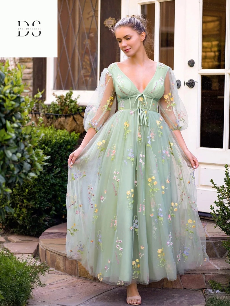 Trendy Fitted Sweetheart Puff Sleeve Zipper Up Tea-Length Prom Dress main image 1