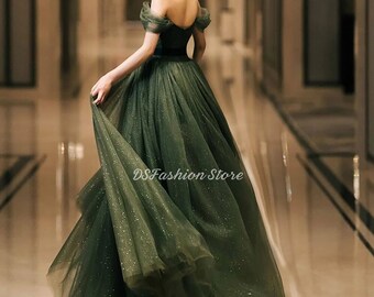 Dark Green Tulle Glitter Fairy Dress, Evening Prom Fairy Dress, One Shoulder Dress, Women Princess Dress, Bridesmaid Dress, Wedding Dress