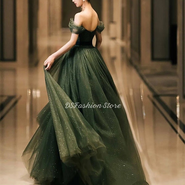 Dark Green Tulle Glitter Fairy Dress, Evening Prom Fairy Dress, One Shoulder Dress, Women Princess Dress, Bridesmaid Dress, Wedding Dress