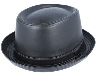 Vintage Leather Look Pork Pie Hat in Matte Black for a Classic and Edgy Statement Piece With Retro Inspiration