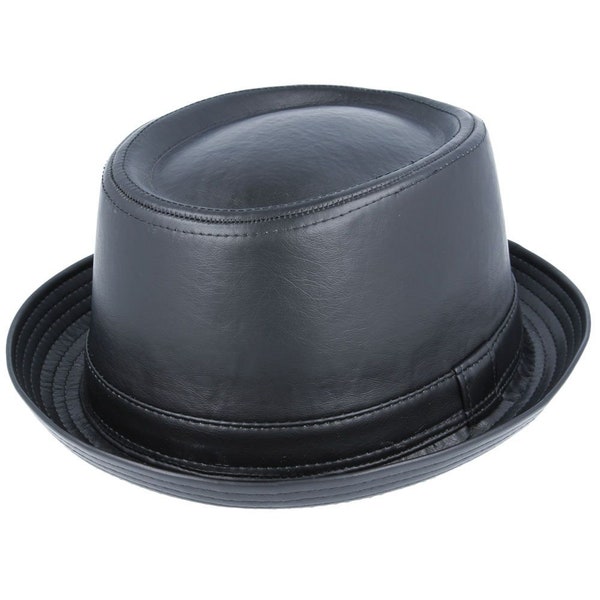 Vintage Leather Look Pork Pie Hat in Matte Black for a Classic and Edgy Statement Piece With Retro Inspiration