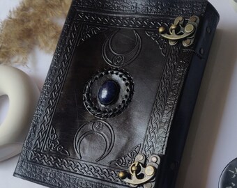 Personalized Leather Journal: Triple Moon Stone Embossed Book of Shadows