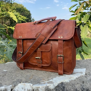 Handmade Goat Leather Messenger Bag: Laptop Satchel Briefcase