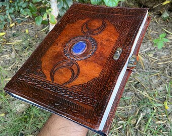 Personalized Leather Journal: Handmade Triple Moon Stone Grimoire