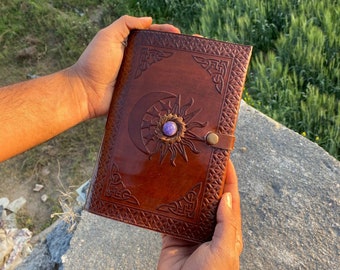 Personalized Leather Journal, Refillable Leather Notebook, Antique Sun and Moon A5 Leather Cover, Travel Journal, Rustic Leather Diary
