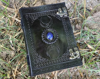 Embossed Leather Journal: Triple Moon Grimoire, Blue Lapiz, Book of Shadows