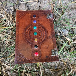 Personalized Seven Stone Chakra Leather Journal, Antique Handmade Leather Journal, Leather Grimoire, Lined/Unlined Leather Notebook