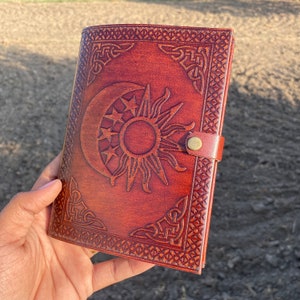 Handcrafted Leather Journal Sun and Moon Embossed Leather Journal Leather Grimoire Journal Spell Book Writing Book Best Christmas Gift